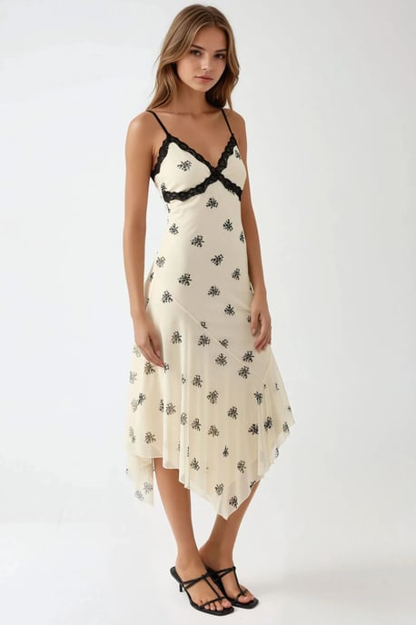 V-Ausschnitt Bedrucktes Bodycon-Maxikleid mit Spitze - Image 2