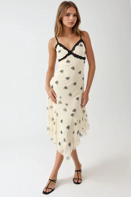 V-Ausschnitt Bedrucktes Bodycon-Maxikleid mit Spitze - Image 3