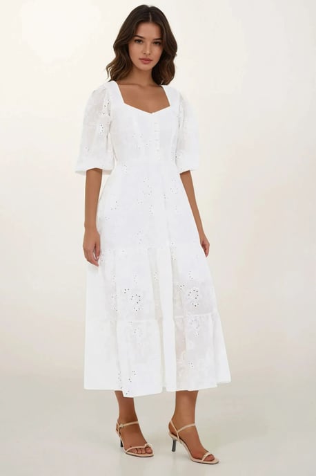 Gesticktes Sweetheart-Ausschnitt, gestuftes Maxikleid mit Puffärmel - Image 1