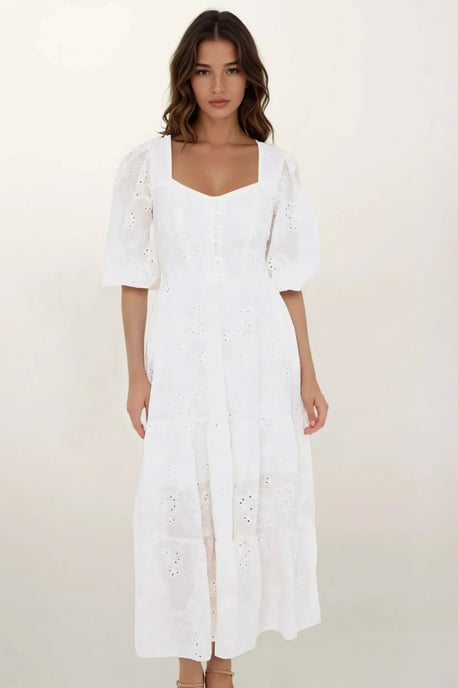 Gesticktes Sweetheart-Ausschnitt, gestuftes Maxikleid mit Puffärmel - Image 3