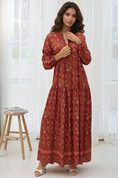 Bedrucktes V-Ausschnitt Maxikleid mit Knöpfen - Image 1