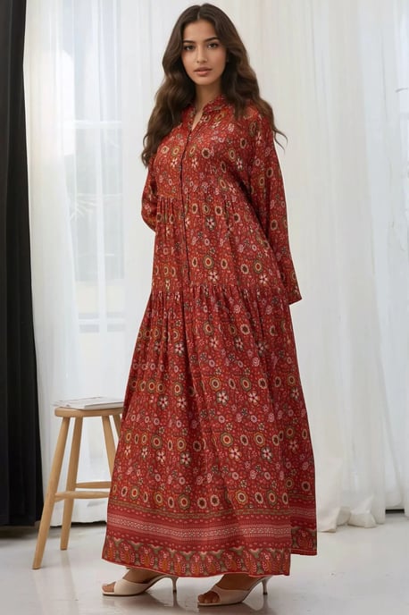 Bedrucktes V-Ausschnitt Maxikleid mit Knöpfen - Image 3