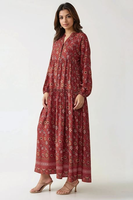 Bedrucktes V-Ausschnitt Maxikleid mit Knöpfen - Image 4