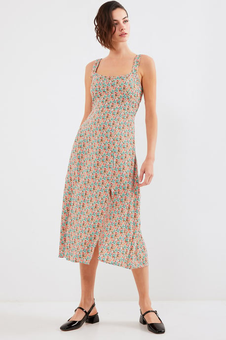 Figurbetontes Midikleid mit quadratischem Kragen und Schlitz - Image 1