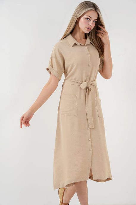 Strukturiertes Midikleid mit Hemdkragen und Taschen - Image 1