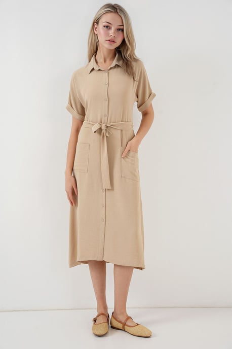 Strukturiertes Midikleid mit Hemdkragen und Taschen - Image 2
