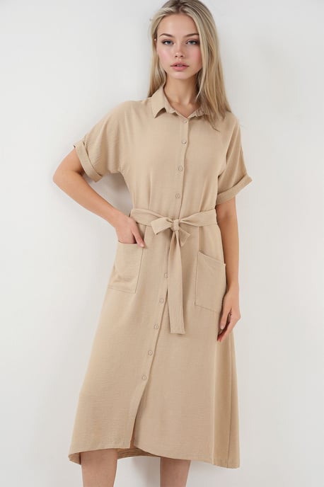 Strukturiertes Midikleid mit Hemdkragen und Taschen - Image 3