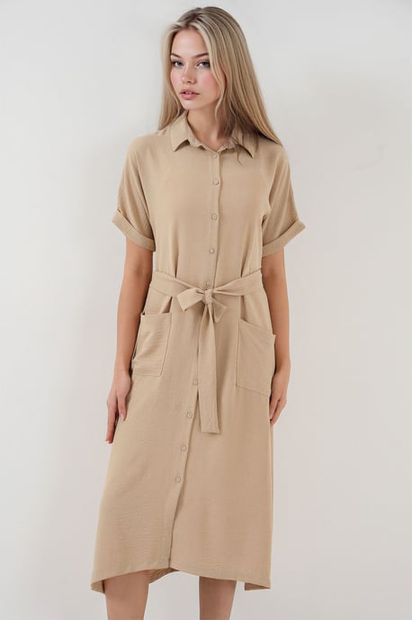 Strukturiertes Midikleid mit Hemdkragen und Taschen - Image 4