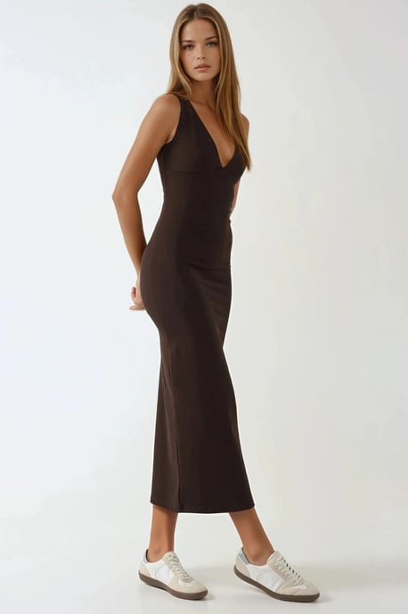 Schmales V-Ausschnitt Basic Midi-Kleid - Image 3