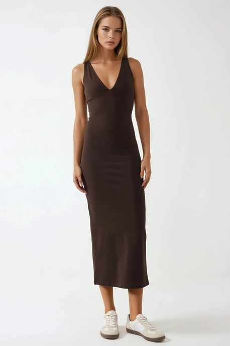 Schmales V-Ausschnitt Basic Midi-Kleid - Image 5