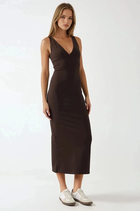Schmales V-Ausschnitt Basic Midi-Kleid - Image 6