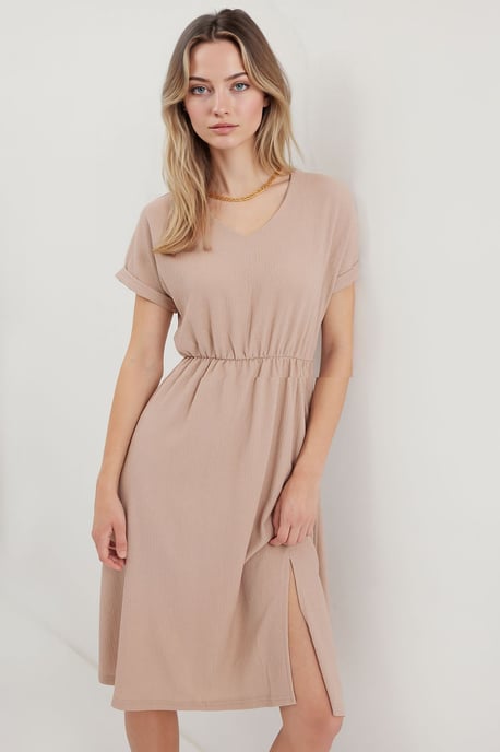 Texturiertes V-Ausschnitt Midi-Strickkleid mit Schlitz - Image 1