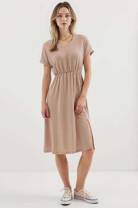 Texturiertes V-Ausschnitt Midi-Strickkleid mit Schlitz - Image 2