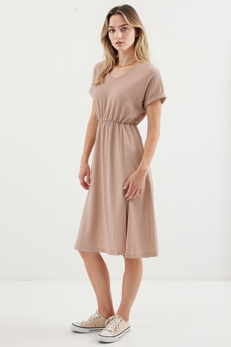 Texturiertes V-Ausschnitt Midi-Strickkleid mit Schlitz - Image 3