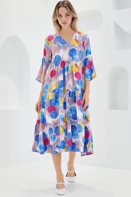 Mustered V-Ausschnitt Midikleid mit kurzen Ärmeln - Image 2