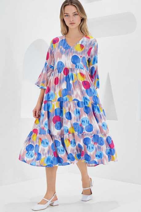 Mustered V-Ausschnitt Midikleid mit kurzen Ärmeln - Image 3