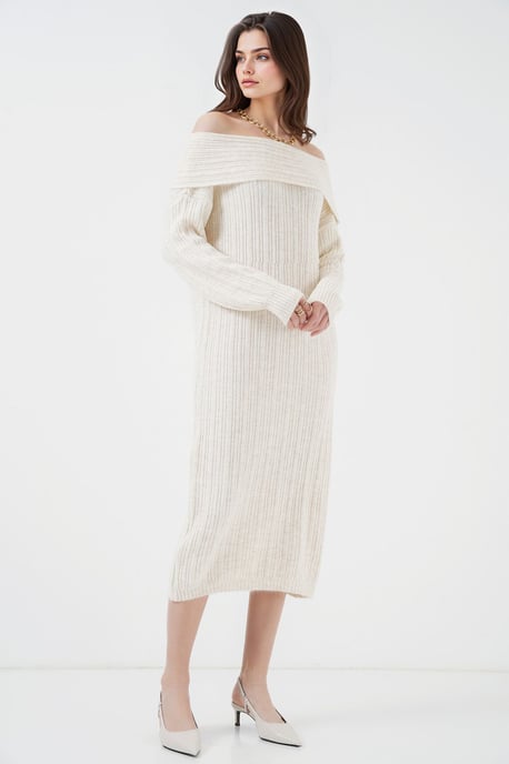 Oversized Rippenstrick Midi Kleid mit Madonna-Kragen - Image 2