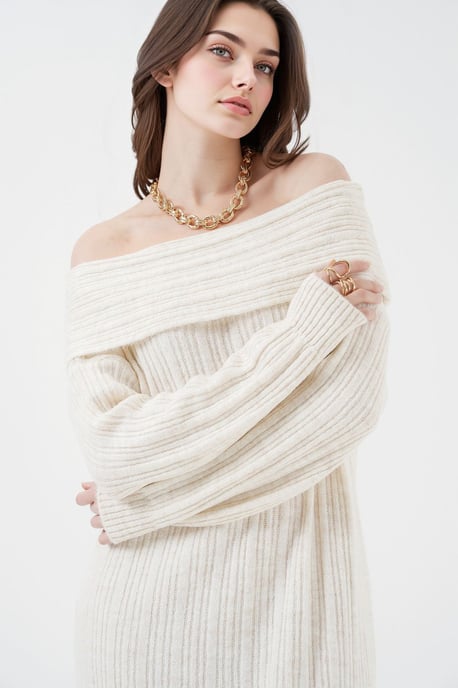 Oversized Rippenstrick Midi Kleid mit Madonna-Kragen - Image 3