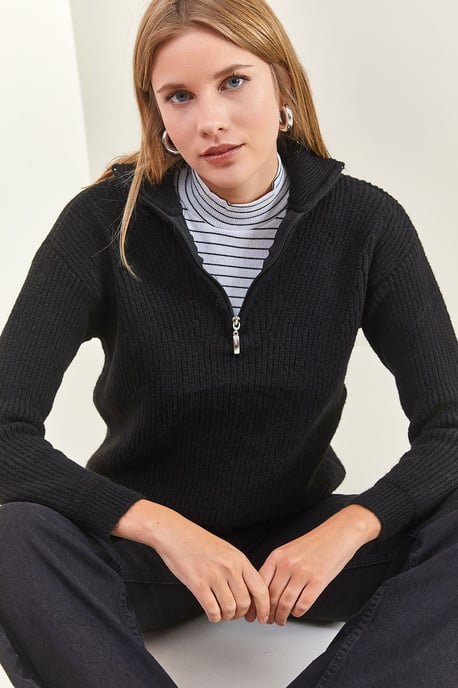 Übergröße Texturiertes Strickpullover mit Reißverschlusskragen - Image 1