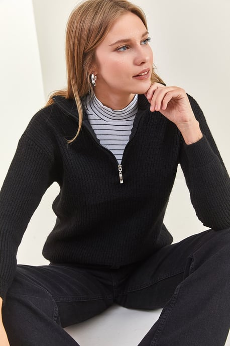 Übergröße Texturiertes Strickpullover mit Reißverschlusskragen - Image 3