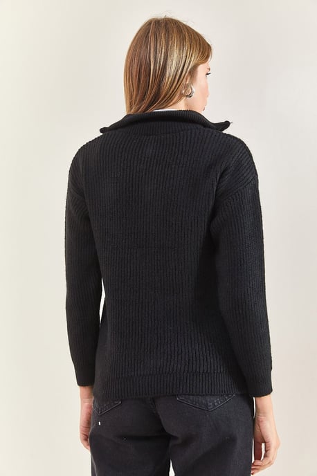 Übergröße Texturiertes Strickpullover mit Reißverschlusskragen - Image 5