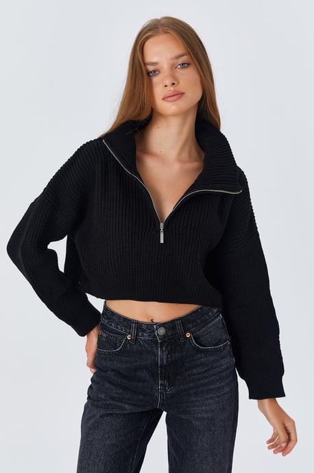 Strukturierter Langarm-Pullover mit Reißverschlusskragen - Image 4