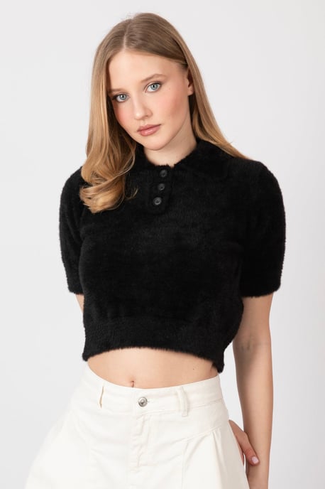 Hemdkragen Mit Knöpfen Kurzarm Flauschiger Pullover - Image 3
