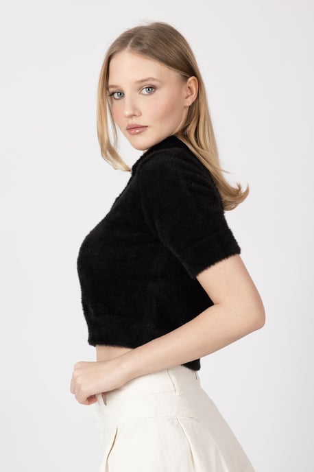 Hemdkragen Mit Knöpfen Kurzarm Flauschiger Pullover - Image 4