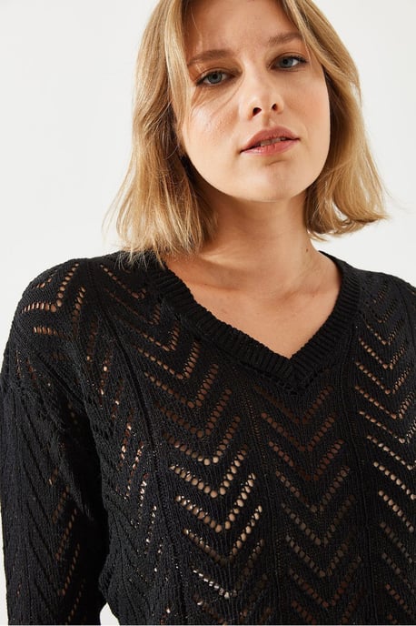 Strukturierter V-Ausschnitt Strickpullover - Image 2