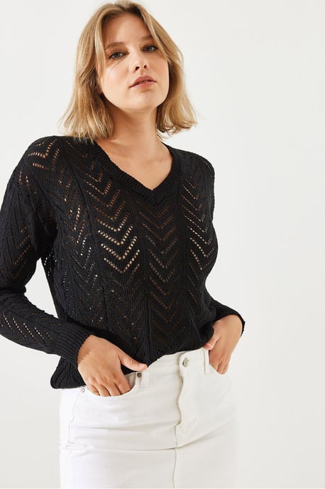 Strukturierter V-Ausschnitt Strickpullover - Image 4
