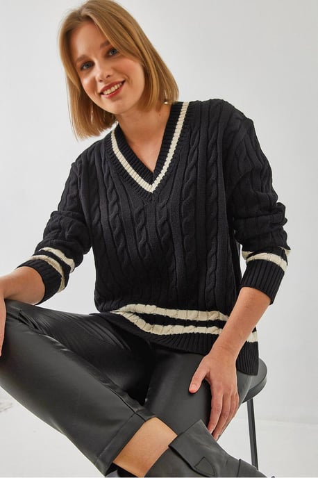 V-Ausschnitt Rippstrickpullover mit Baklava-Muster - Image 1