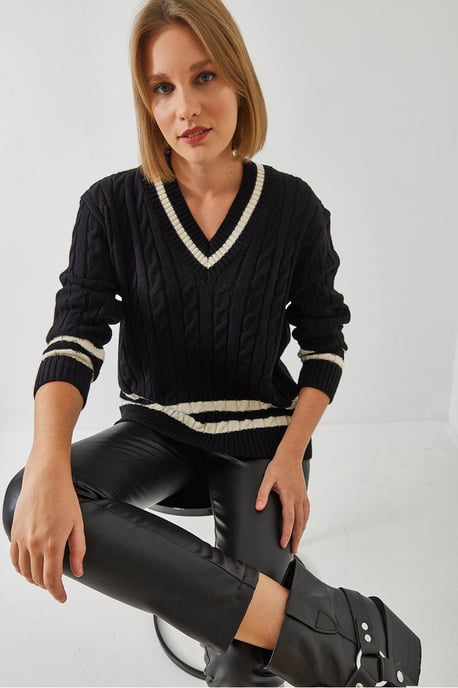 V-Ausschnitt Rippstrickpullover mit Baklava-Muster - Image 2