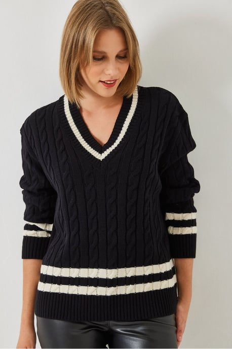 V-Ausschnitt Rippstrickpullover mit Baklava-Muster - Image 3