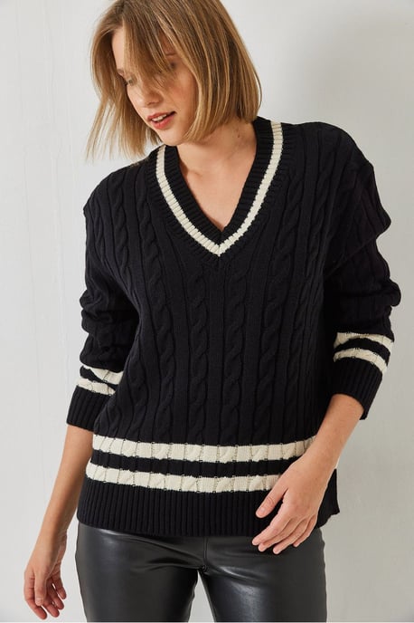 V-Ausschnitt Rippstrickpullover mit Baklava-Muster - Image 4
