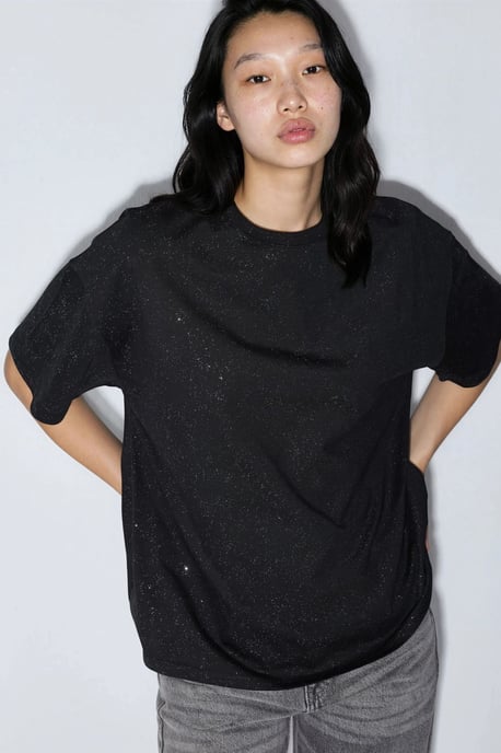 Pailletten Rundhals Kurzarm T-Shirt - Image 1