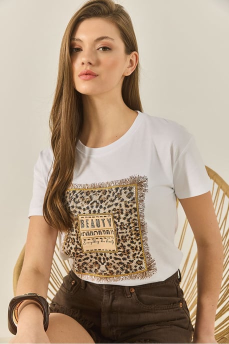 Bianco Lucci T-Shirt mit Rundhalsausschnitt und Leopardenmuster - Weiß - Image 2