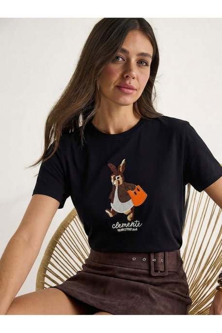 Bianco Lucci Besticktes Rundhals-T-Shirt - Schwarz - Image 2