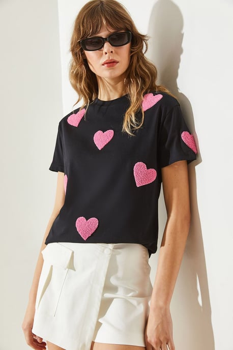 Herz-Muster gesticktes Rundhals-T-Shirt - Image 2