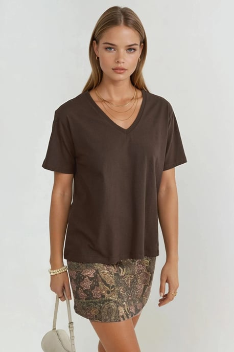 V-Ausschnitt Unifarben Strick-T-Shirt - Image 1