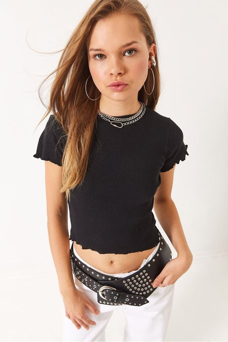 Rippstrick Crew Neck Cropped T-Shirt mit Lettuce Edge Detail - Image 2