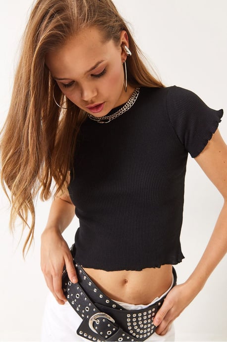 Rippstrick Crew Neck Cropped T-Shirt mit Lettuce Edge Detail - Image 4