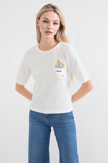 Besticktes Rundhals-Print-T-Shirt - Image 1