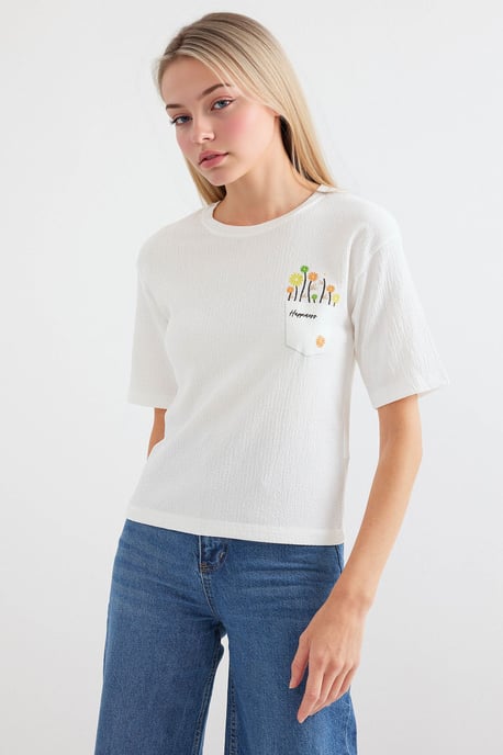 Besticktes Rundhals-Print-T-Shirt - Image 2