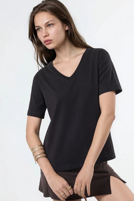 V-Ausschnitt Unifarben Strick-T-Shirt - Image 1