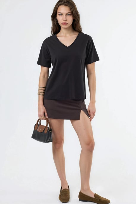 V-Ausschnitt Unifarben Strick-T-Shirt - Image 4