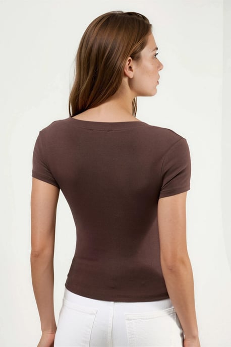 Elastisches V-Ausschnitt Kurzarm-T-Shirt - Image 3