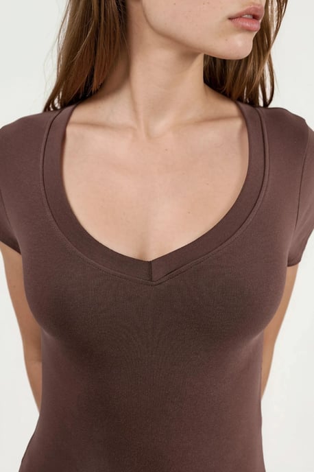 Elastisches V-Ausschnitt Kurzarm-T-Shirt - Image 5