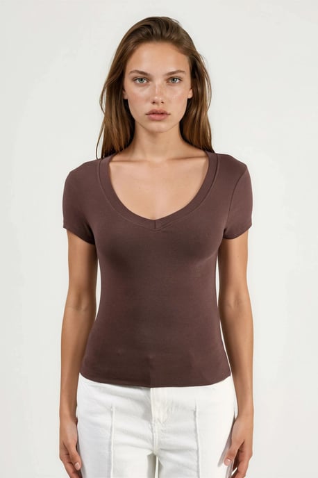 Elastisches V-Ausschnitt Kurzarm-T-Shirt - Image 6