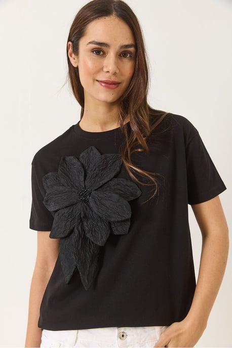 Blumenmuster Rundhalsausschnitt T-Shirt mit Accessoire-Detail - Image 2