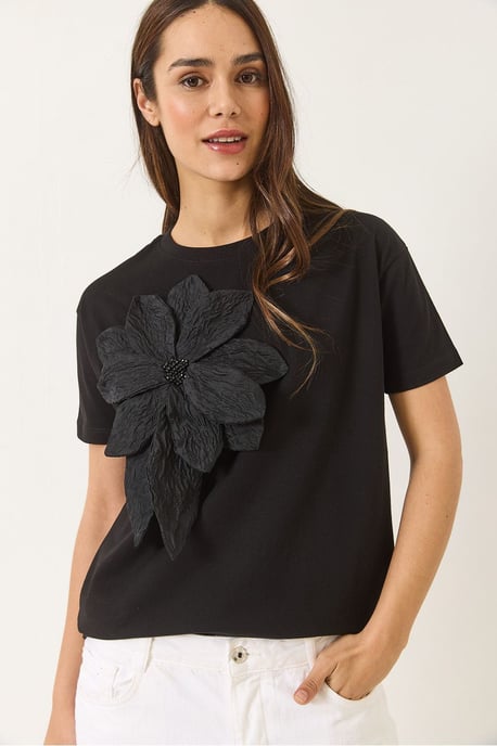 Blumenmuster Rundhalsausschnitt T-Shirt mit Accessoire-Detail - Image 3